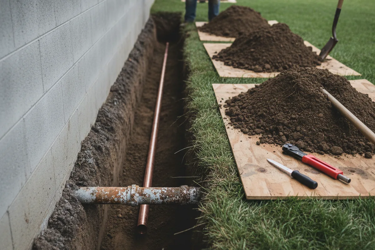 Excavated water line trench during Water Softener Installation in Concrete